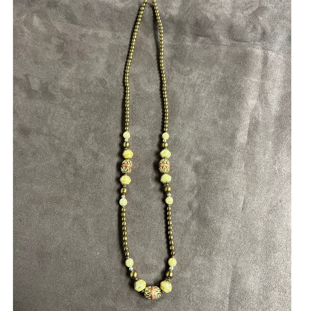 Vintage‎ Czech Necklace Beige Yellow Marble Gold Glass Beads 14"